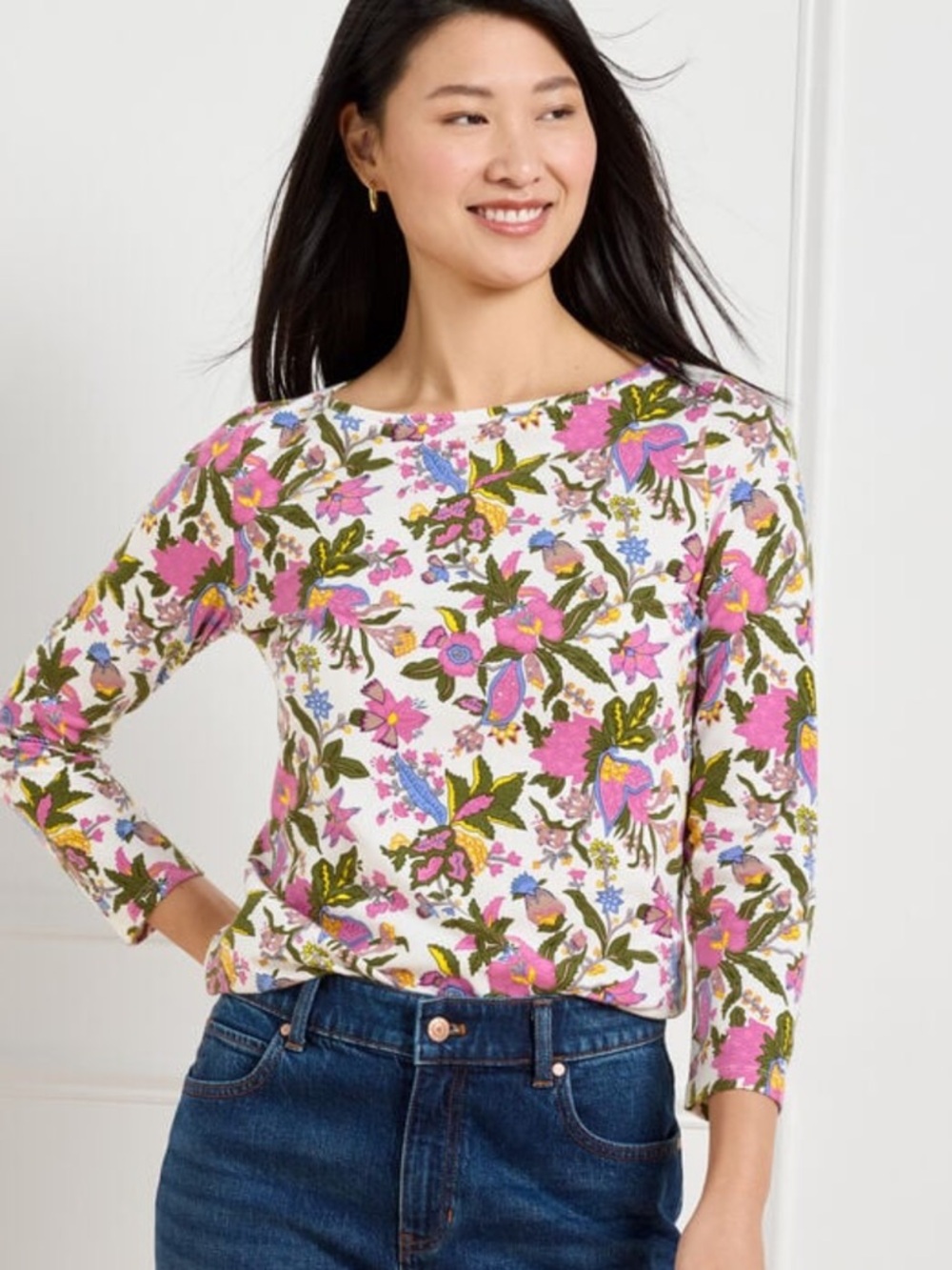NWT- TALBOTS Pink Floral Bateau-Neck 3/4 Sleeve Tee